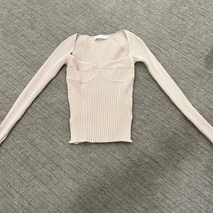 Jonathan Simkhai cream ribbed long sleeve sweetheart top